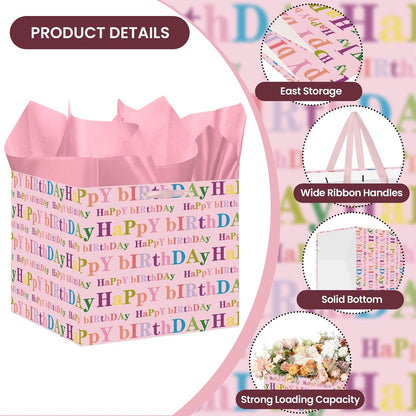 Extra Large Square Birthday Gift Bag with 6 Pink Tissue Paper 11.8" Heavy Duty Pastel Paper Wrapping Bag with Ribbon Handles - Vibrant Colorful Present Sack for Kids Girls Women Cake Box