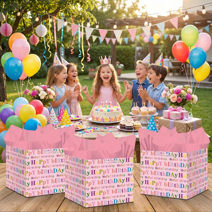 Extra Large Square Birthday Gift Bag with 6 Pink Tissue Paper 11.8" Heavy Duty Pastel Paper Wrapping Bag with Ribbon Handles - Vibrant Colorful Present Sack for Kids Girls Women Cake Box