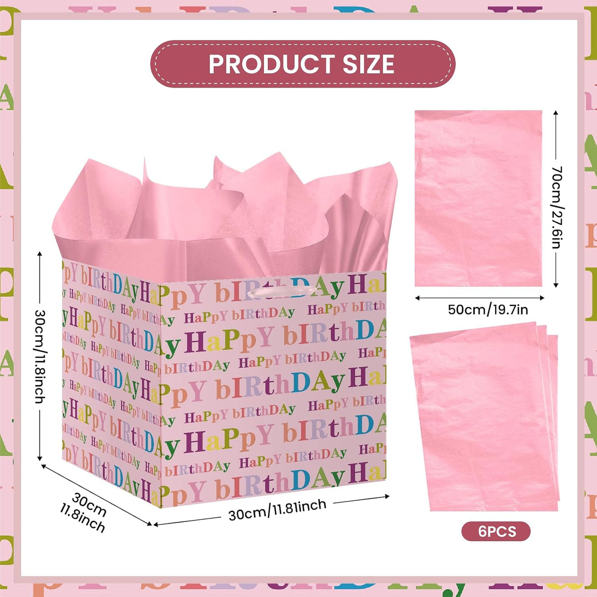 Extra Large Square Birthday Gift Bag with 6 Pink Tissue Paper 11.8" Heavy Duty Pastel Paper Wrapping Bag with Ribbon Handles - Vibrant Colorful Present Sack for Kids Girls Women Cake Box