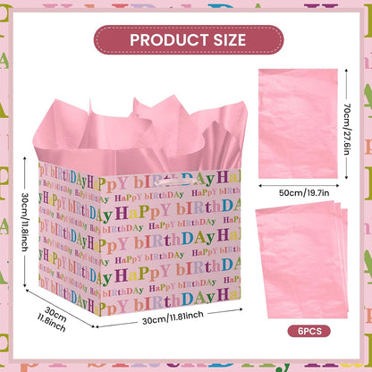 Extra Large Square Birthday Gift Bag with 6 Pink Tissue Paper 11.8" Heavy Duty Pastel Paper Wrapping Bag with Ribbon Handles - Vibrant Colorful Present Sack for Kids Girls Women Cake Box