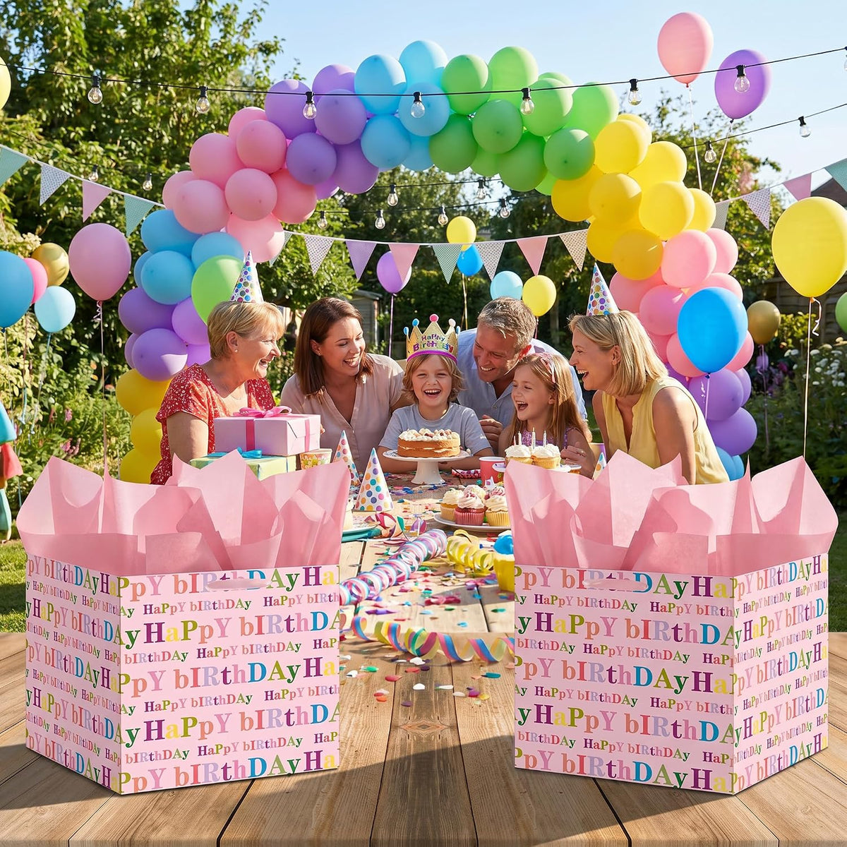 Extra Large Square Birthday Gift Bag with 6 Pink Tissue Paper 11.8" Heavy Duty Pastel Paper Wrapping Bag with Ribbon Handles - Vibrant Colorful Present Sack for Kids Girls Women Cake Box