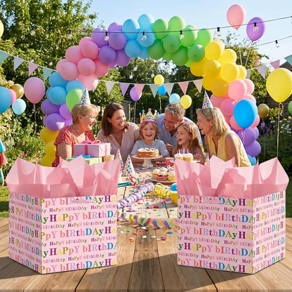 Extra Large Square Birthday Gift Bag with 6 Pink Tissue Paper 11.8" Heavy Duty Pastel Paper Wrapping Bag with Ribbon Handles - Vibrant Colorful Present Sack for Kids Girls Women Cake Box