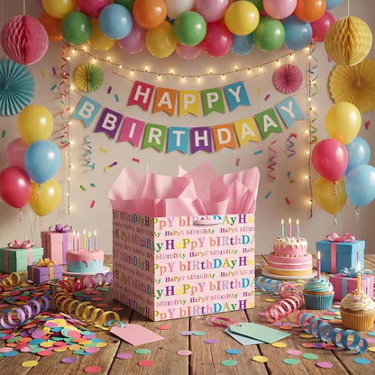 Extra Large Square Birthday Gift Bag with 6 Pink Tissue Paper 11.8" Heavy Duty Pastel Paper Wrapping Bag with Ribbon Handles - Vibrant Colorful Present Sack for Kids Girls Women Cake Box
