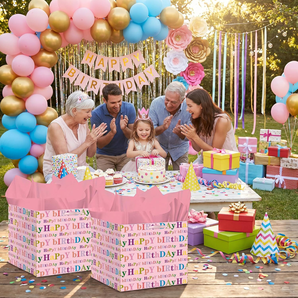 Extra Large Square Birthday Gift Bag with 6 Pink Tissue Paper 11.8" Heavy Duty Pastel Paper Wrapping Bag with Ribbon Handles - Vibrant Colorful Present Sack for Kids Girls Women Cake Box