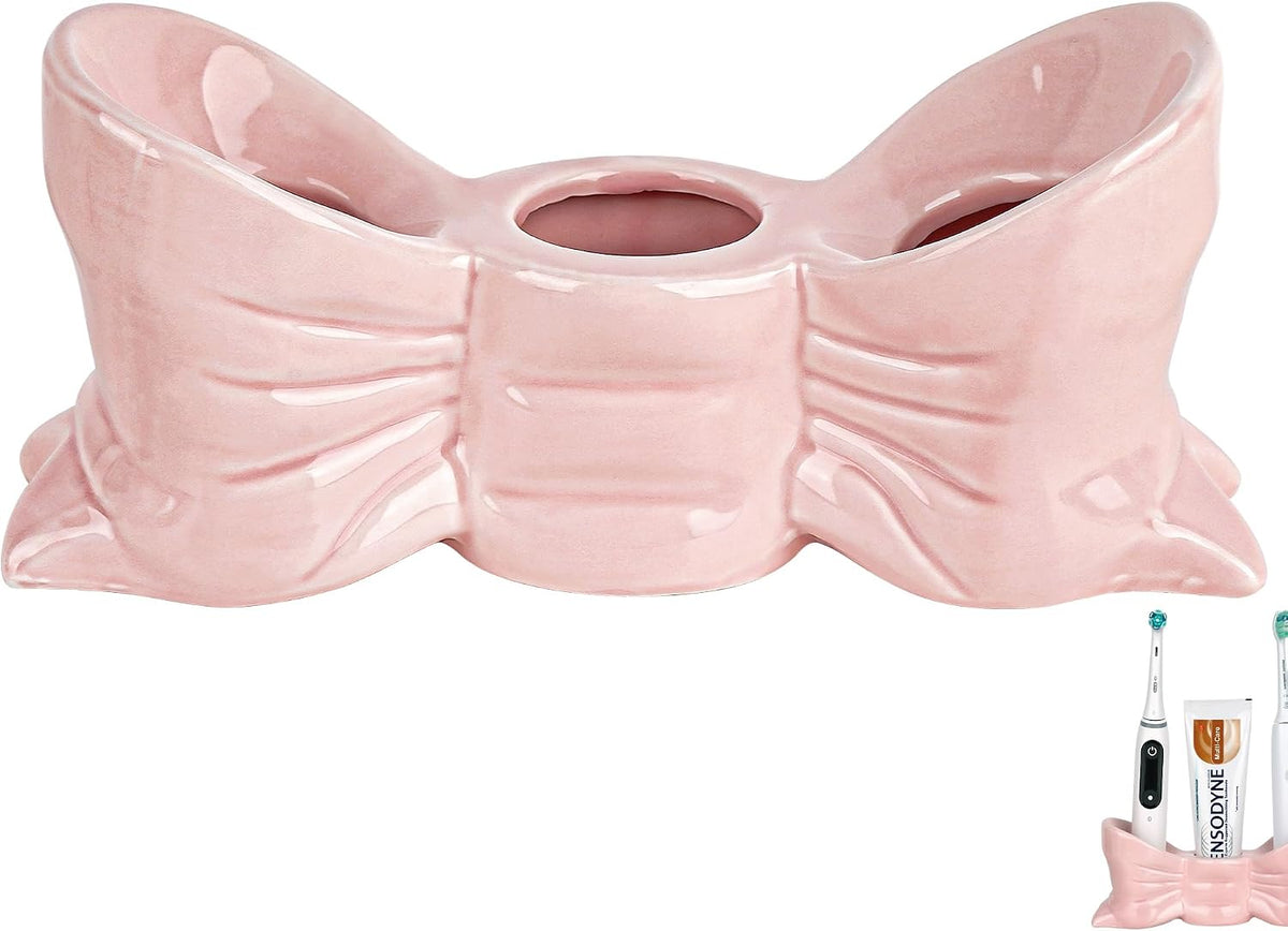 Bow Toothbrush Holder, Cute Toothpaste Holder, Bathroom Countertop Accessories, for Bathroom Canister Storage Organization, Vanity Makeup Organizer (Pink)