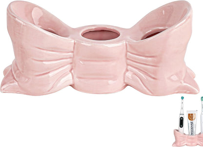 Bow Toothbrush Holder, Cute Toothpaste Holder, Bathroom Countertop Accessories, for Bathroom Canister Storage Organization, Vanity Makeup Organizer (Pink)