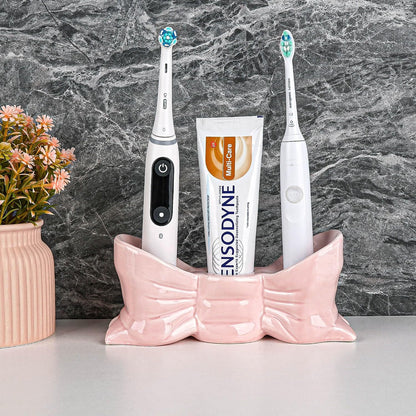 Bow Toothbrush Holder, Cute Toothpaste Holder, Bathroom Countertop Accessories, for Bathroom Canister Storage Organization, Vanity Makeup Organizer (Pink)