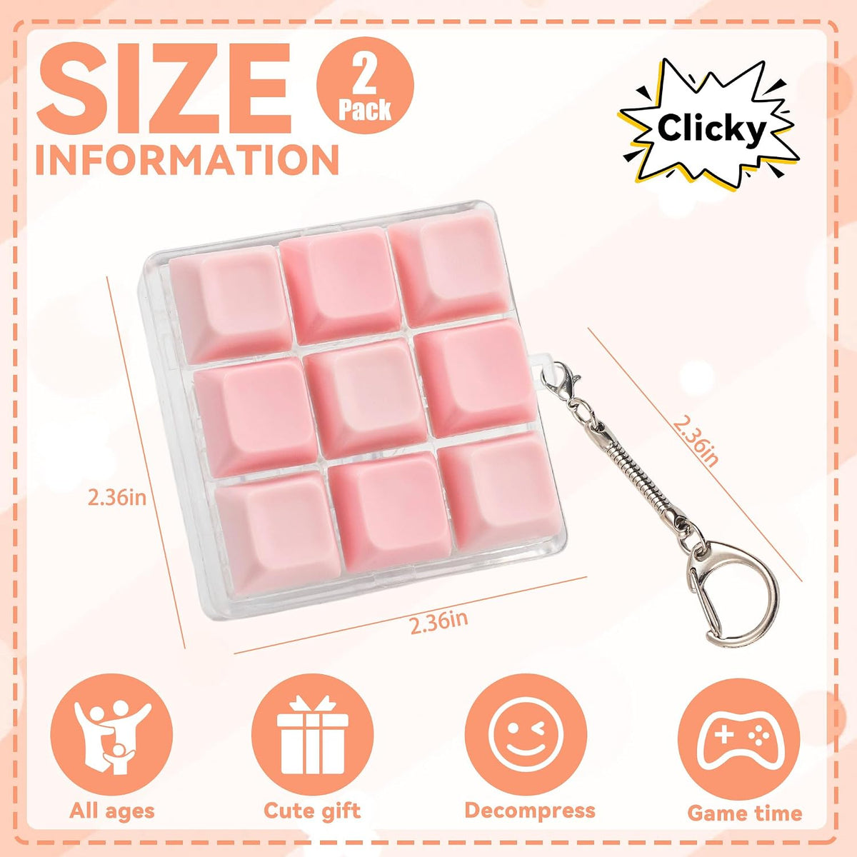 2 PCS Pink Keyboard Fidget Toy for Adult, 9 Keys Clicking Fidget Keychain