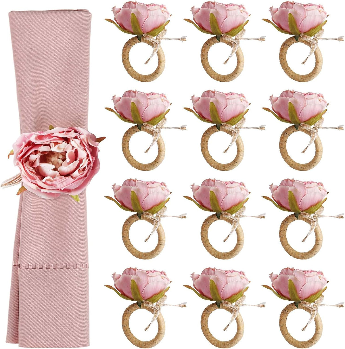 Handcraft Flower Napkin Rings Set of 12, Pink Peony Napkin Holder