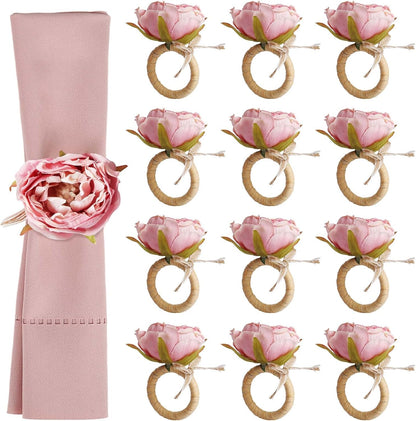 Handcraft Flower Napkin Rings Set of 12, Pink Peony Napkin Holder