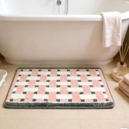 Bath mats for Bathroom Non Slip, 32" X 20" Pink and White Checkered Bath Mat, Luxury Microfiber Super Absorbent Bathroom-Rug, Aesthetic Bathrooms Rug, Classic Bath Decor Washable.