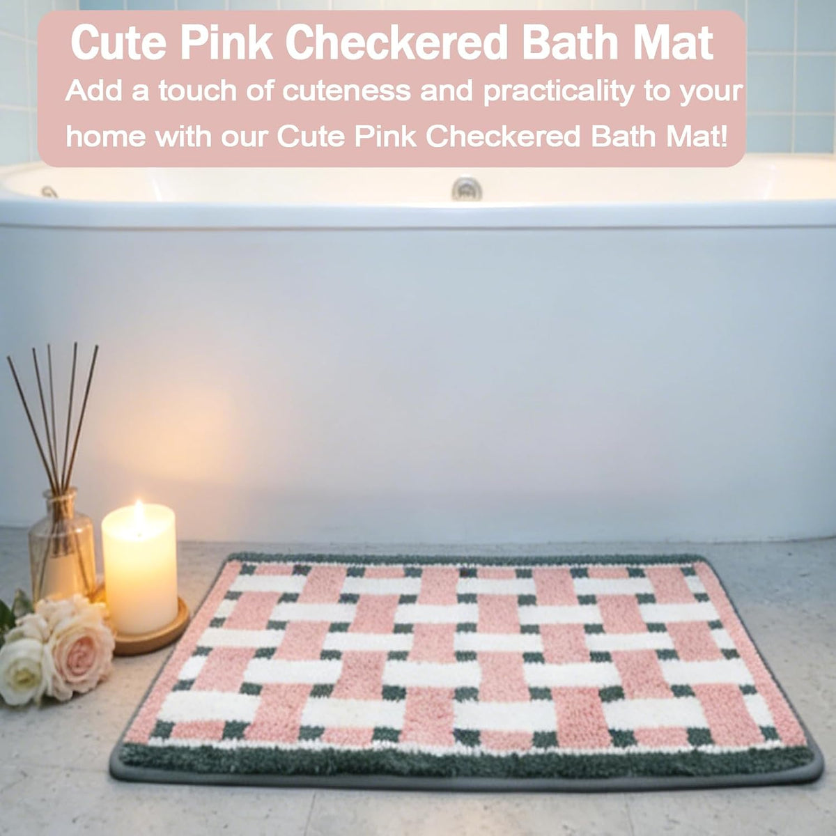 Bath mats for Bathroom Non Slip, 32" X 20" Pink and White Checkered Bath Mat, Luxury Microfiber Super Absorbent Bathroom-Rug, Aesthetic Bathrooms Rug, Classic Bath Decor Washable.