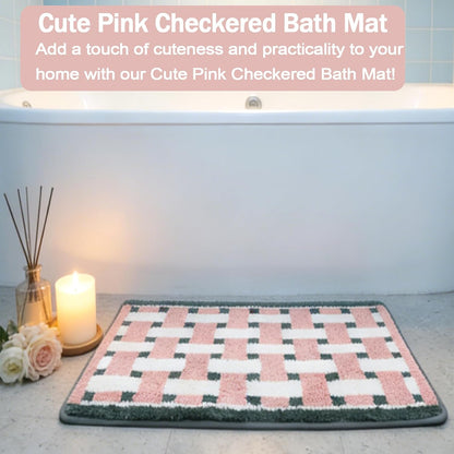 Bath mats for Bathroom Non Slip, 32" X 20" Pink and White Checkered Bath Mat, Luxury Microfiber Super Absorbent Bathroom-Rug, Aesthetic Bathrooms Rug, Classic Bath Decor Washable.