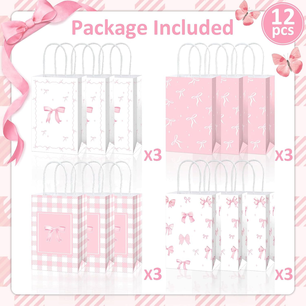 12Pcs Pink Bow Party Favor Bags Bows Themed Goodie Bag Candy Bags for Birthday Bachelorette Parties Decoration Bow Gift Treat Bag with Handles for Bridal Engagement Baby Shower Party Supplies