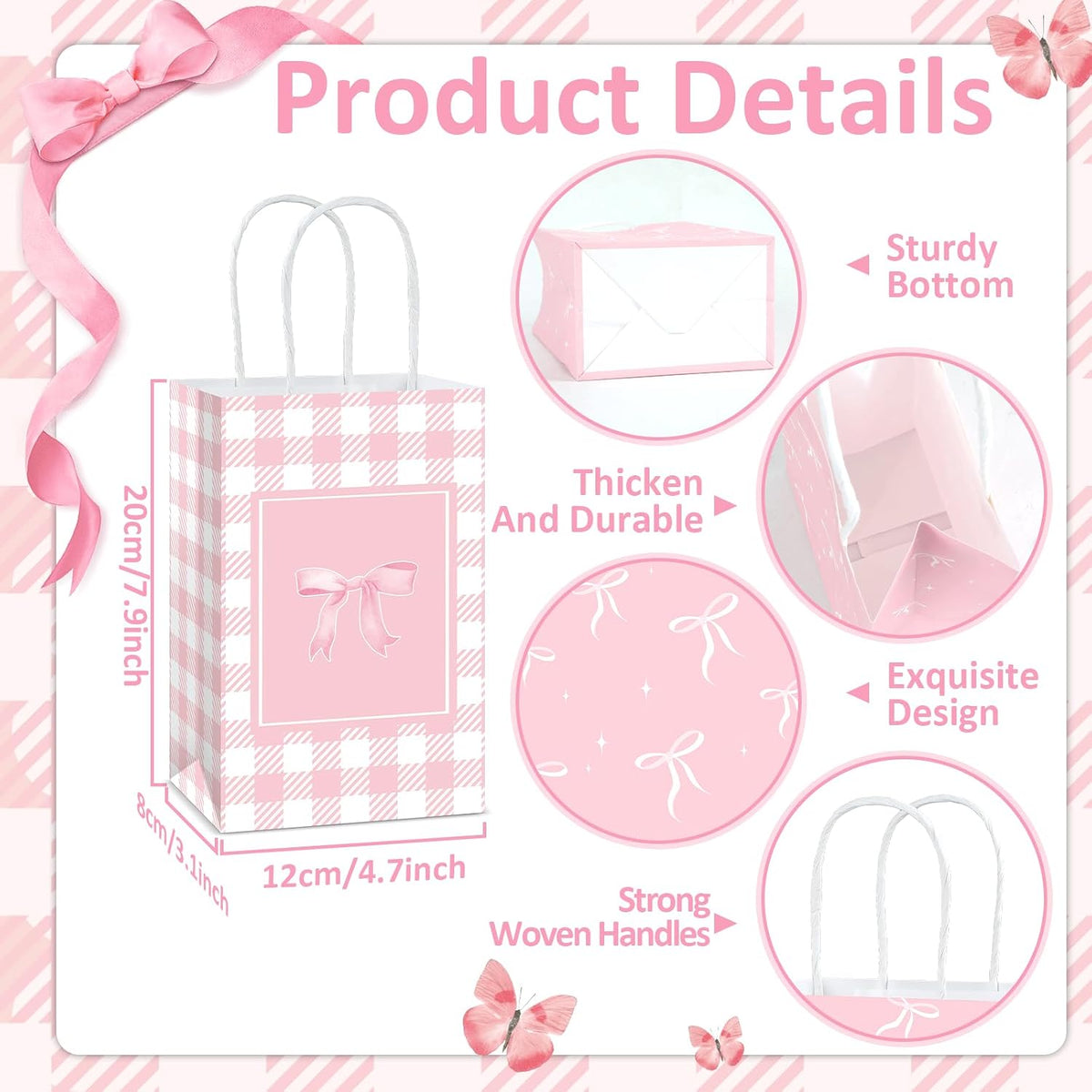 12Pcs Pink Bow Party Favor Bags Bows Themed Goodie Bag Candy Bags for Birthday Bachelorette Parties Decoration Bow Gift Treat Bag with Handles for Bridal Engagement Baby Shower Party Supplies