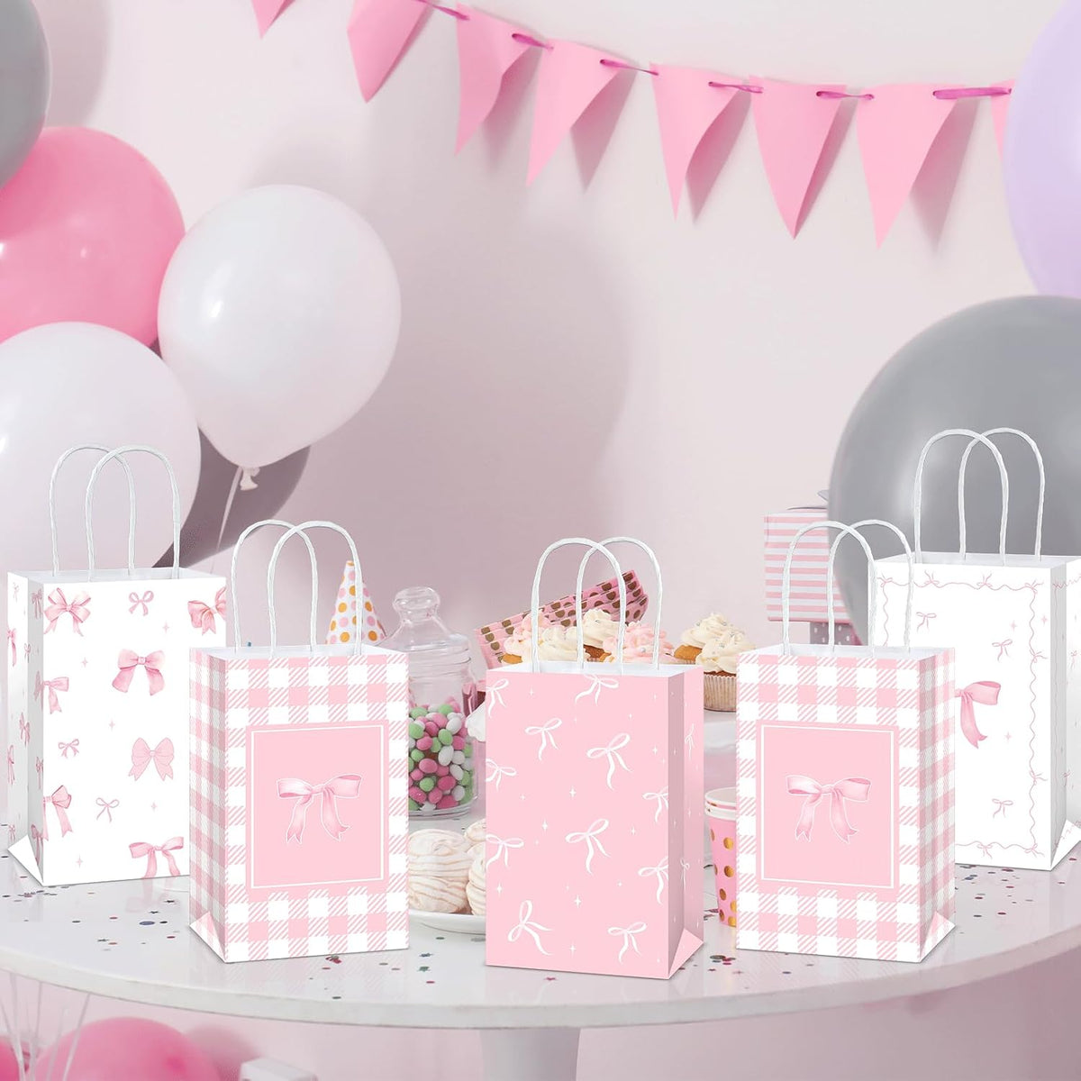 12Pcs Pink Bow Party Favor Bags Bows Themed Goodie Bag Candy Bags for Birthday Bachelorette Parties Decoration Bow Gift Treat Bag with Handles for Bridal Engagement Baby Shower Party Supplies