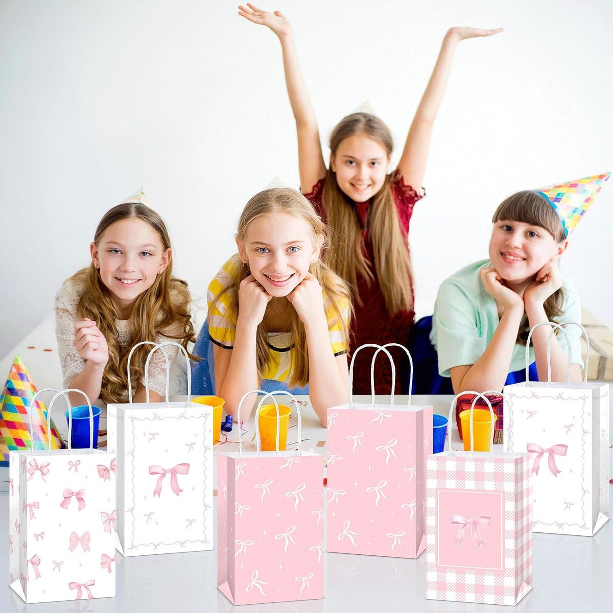 12Pcs Pink Bow Party Favor Bags Bows Themed Goodie Bag Candy Bags for Birthday Bachelorette Parties Decoration Bow Gift Treat Bag with Handles for Bridal Engagement Baby Shower Party Supplies