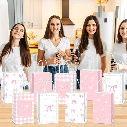 12Pcs Pink Bow Party Favor Bags Bows Themed Goodie Bag Candy Bags for Birthday Bachelorette Parties Decoration Bow Gift Treat Bag with Handles for Bridal Engagement Baby Shower Party Supplies