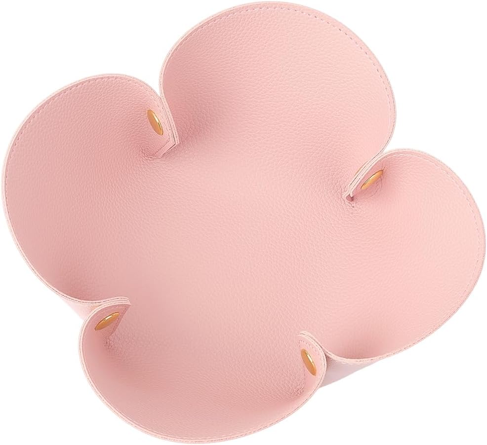 Pink Valet Tray Jewelry Dish Tray PU Imitation Leather Flower Light Salmon Foldable Desk Bedside Basket Portable Storage Box for Ring Necklace Pendant Jewelry Key Watch Holder 10.6 x 10.6in