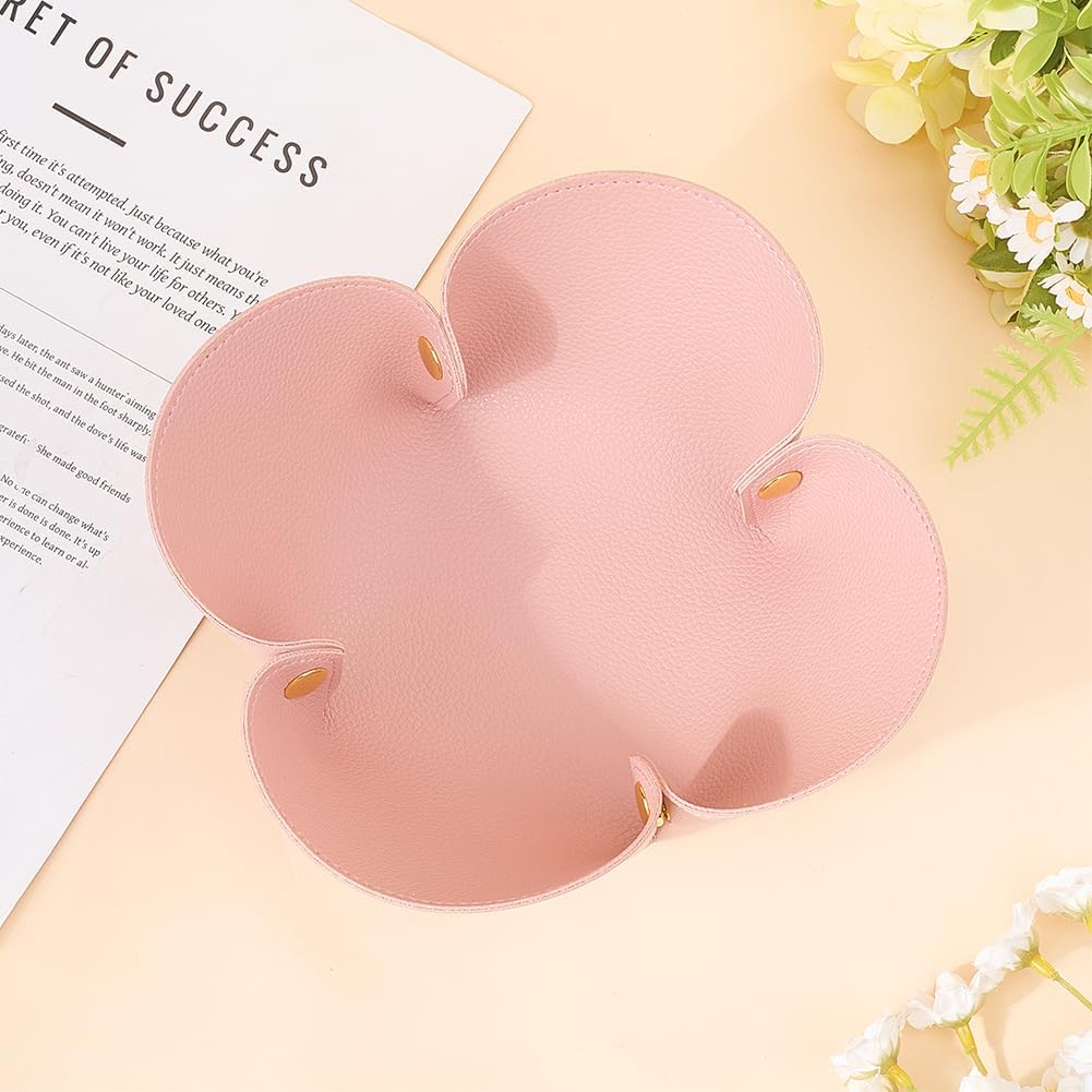 Pink Valet Tray Jewelry Dish Tray PU Imitation Leather Flower Light Salmon Foldable Desk Bedside Basket Portable Storage Box for Ring Necklace Pendant Jewelry Key Watch Holder 10.6 x 10.6in