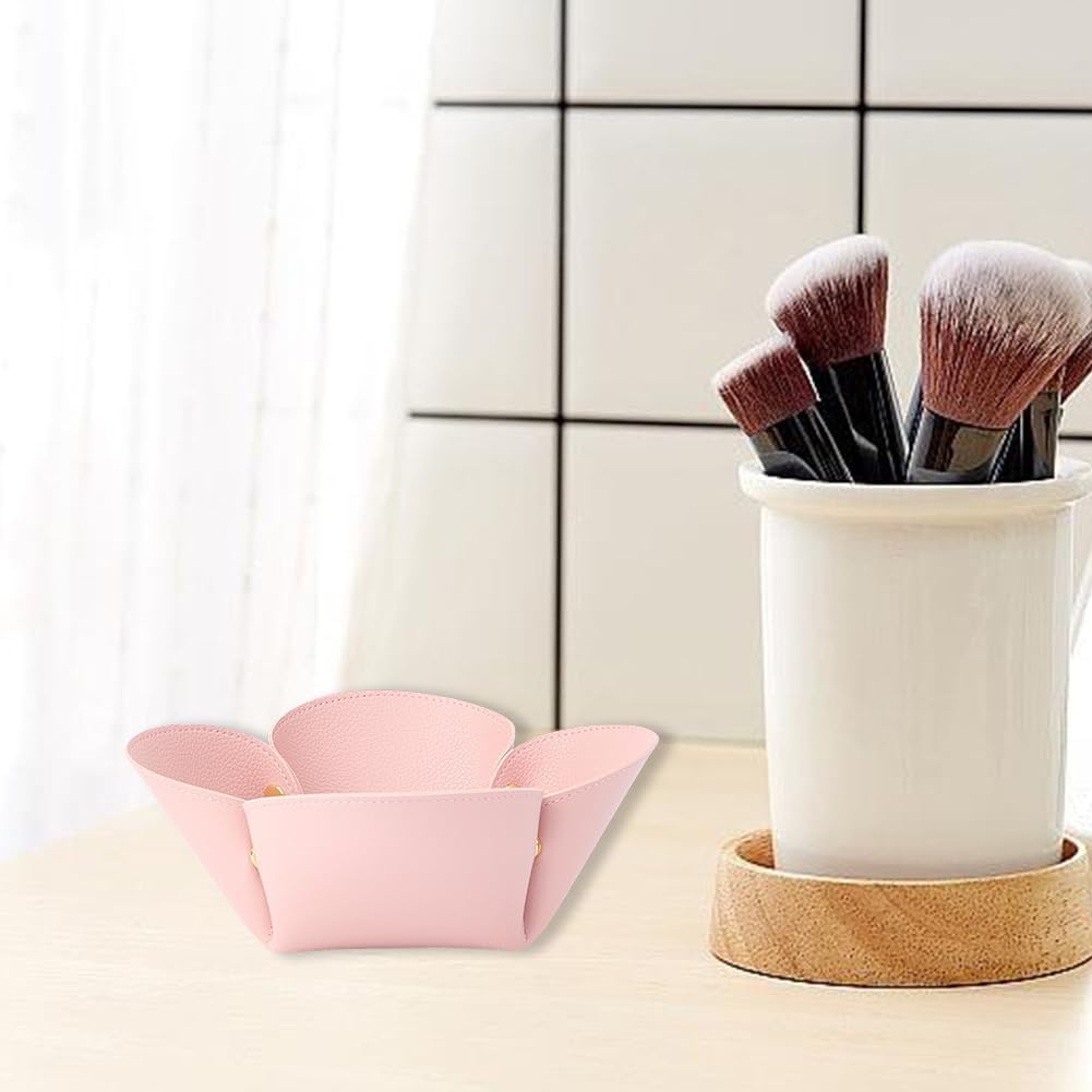 Pink Valet Tray Jewelry Dish Tray PU Imitation Leather Flower Light Salmon Foldable Desk Bedside Basket Portable Storage Box for Ring Necklace Pendant Jewelry Key Watch Holder 10.6 x 10.6in