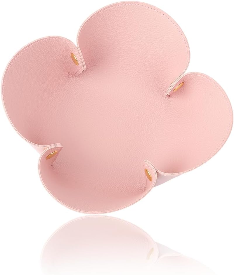 Pink Valet Tray Jewelry Dish Tray PU Imitation Leather Flower Light Salmon Foldable Desk Bedside Basket Portable Storage Box for Ring Necklace Pendant Jewelry Key Watch Holder 10.6 x 10.6in