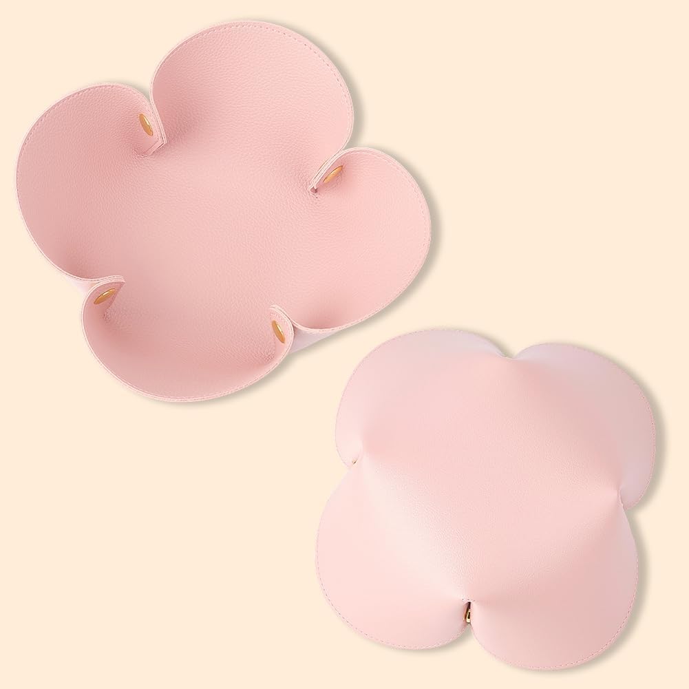 Pink Valet Tray Jewelry Dish Tray PU Imitation Leather Flower Light Salmon Foldable Desk Bedside Basket Portable Storage Box for Ring Necklace Pendant Jewelry Key Watch Holder 10.6 x 10.6in