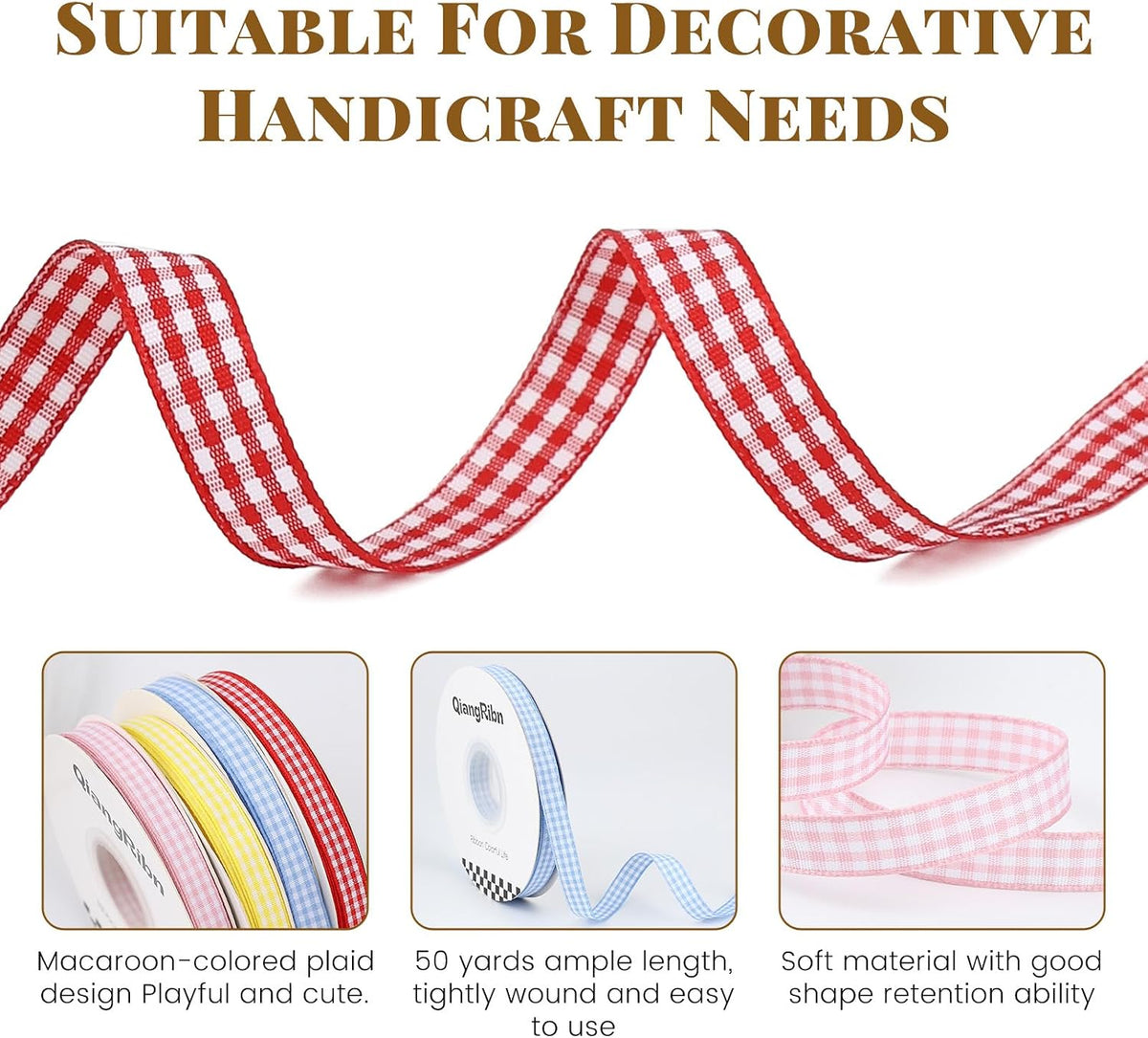 Gingham Ribbon, Pink, Plaid Craft Ribbon, 3/8 Inch x 50 Yards