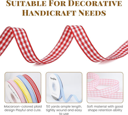 Gingham Ribbon, Pink, Plaid Craft Ribbon, 3/8 Inch x 50 Yards