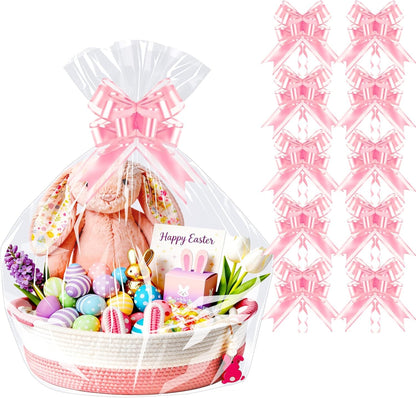 10 Pack 24x30 Inch Large Cellophane Bags for Gift Baskets with 10 Pink Pull Bows, Thick Clear Plastic Basket Wrap for Mother's Day, Girl's Baby Shower, Wedding and Birthday