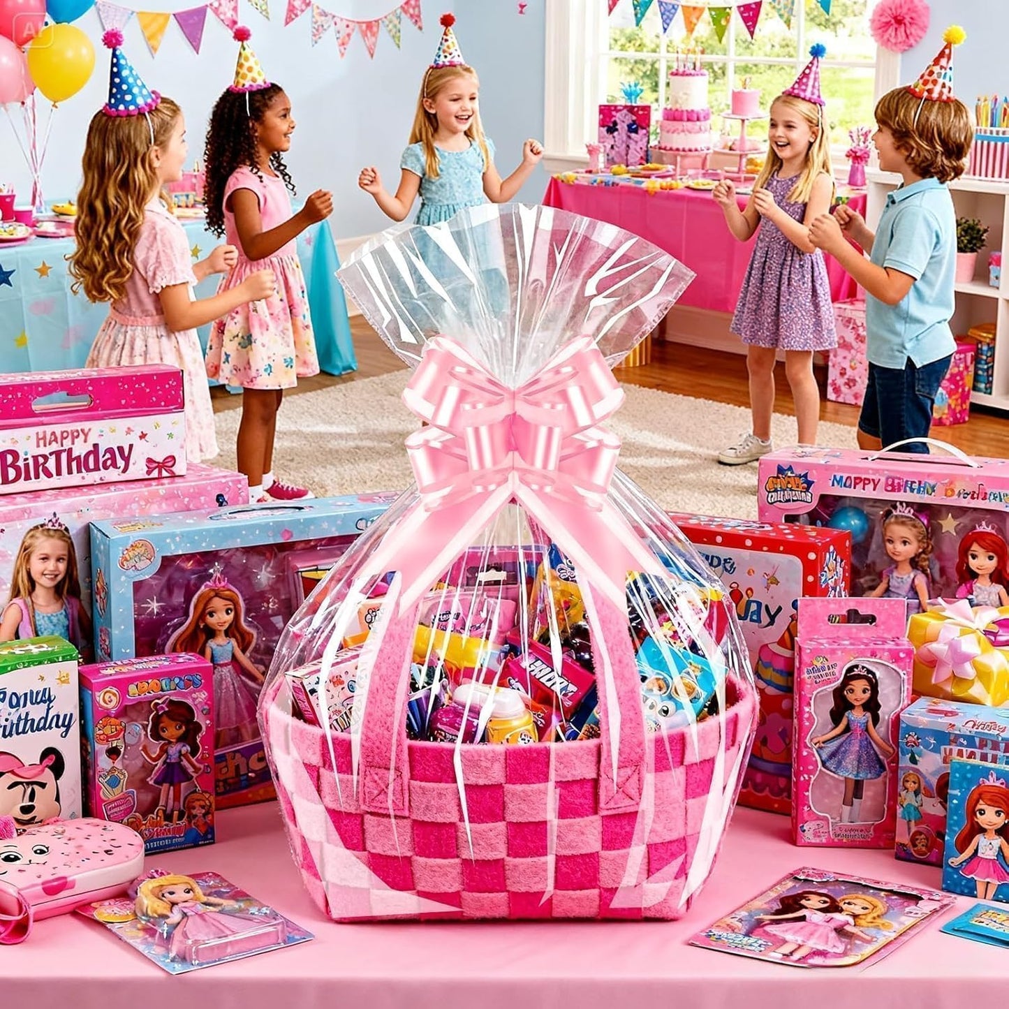 10 Pack 24x30 Inch Large Cellophane Bags for Gift Baskets with 10 Pink Pull Bows, Thick Clear Plastic Basket Wrap for Mother's Day, Girl's Baby Shower, Wedding and Birthday