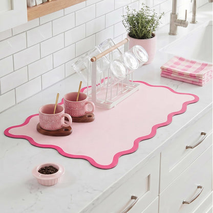 Scalloped Dish Drying Mat for Kitchen Counter, Absorbent Easy Clean Non-slip Coffee Bar Station Accessories, Trendy Cute Aesthetic Modern Drainer Kitchen Drying Mat, Pink 15" x 24"