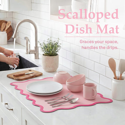 Scalloped Dish Drying Mat for Kitchen Counter, Absorbent Easy Clean Non-slip Coffee Bar Station Accessories, Trendy Cute Aesthetic Modern Drainer Kitchen Drying Mat, Pink 15" x 24"