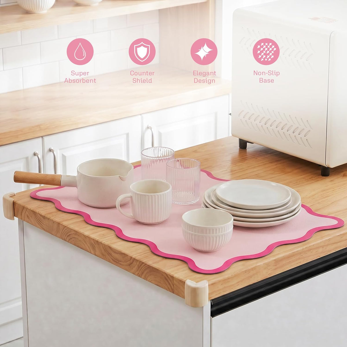 Scalloped Dish Drying Mat for Kitchen Counter, Absorbent Easy Clean Non-slip Coffee Bar Station Accessories, Trendy Cute Aesthetic Modern Drainer Kitchen Drying Mat, Pink 15" x 24"