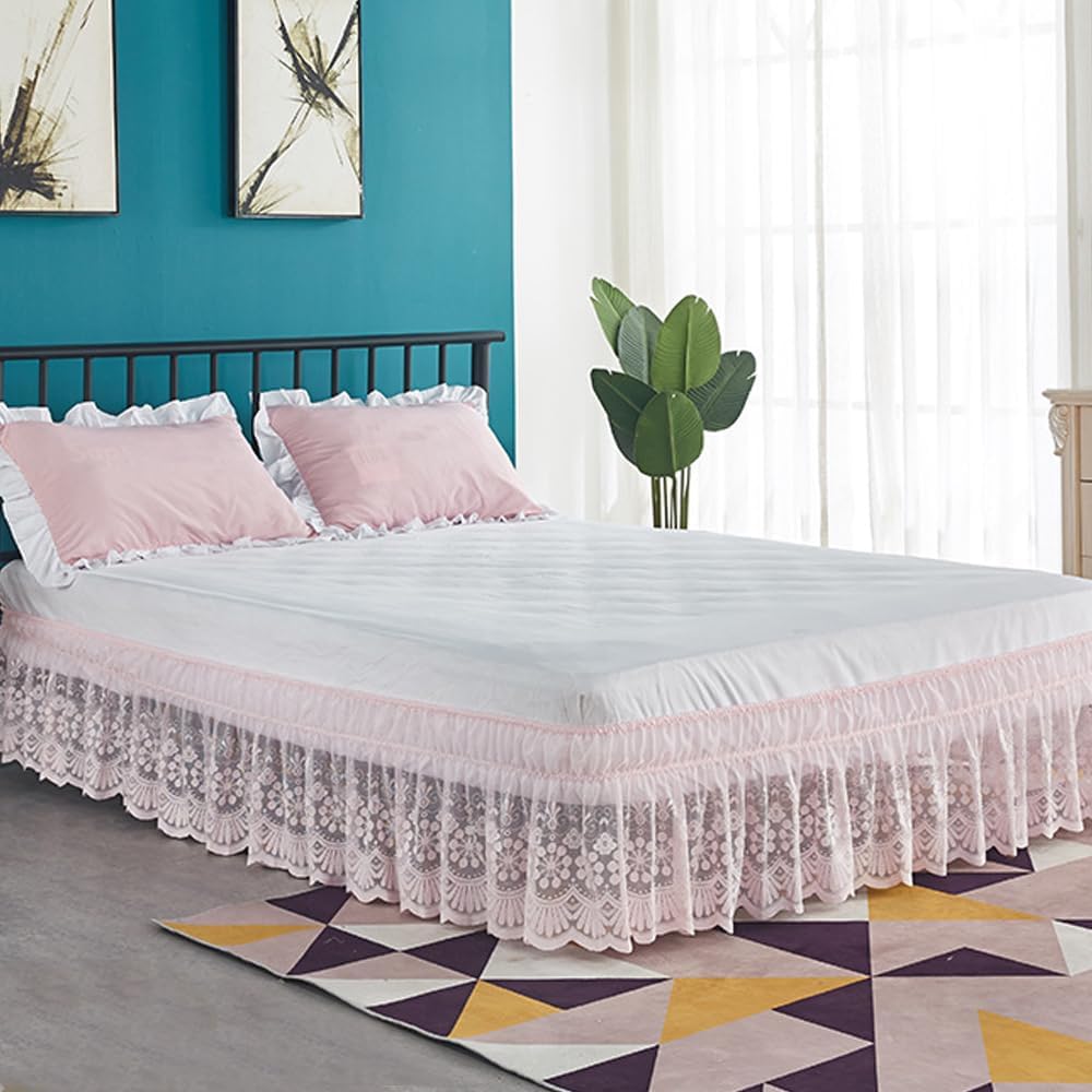 Pink Lace Bed Skirt for Full Bed - 15in. Drop, Easy Fit Ruffle Bedskirt Wrap Around Bed Skirt, Anti Wrinkle & Fade Resistant