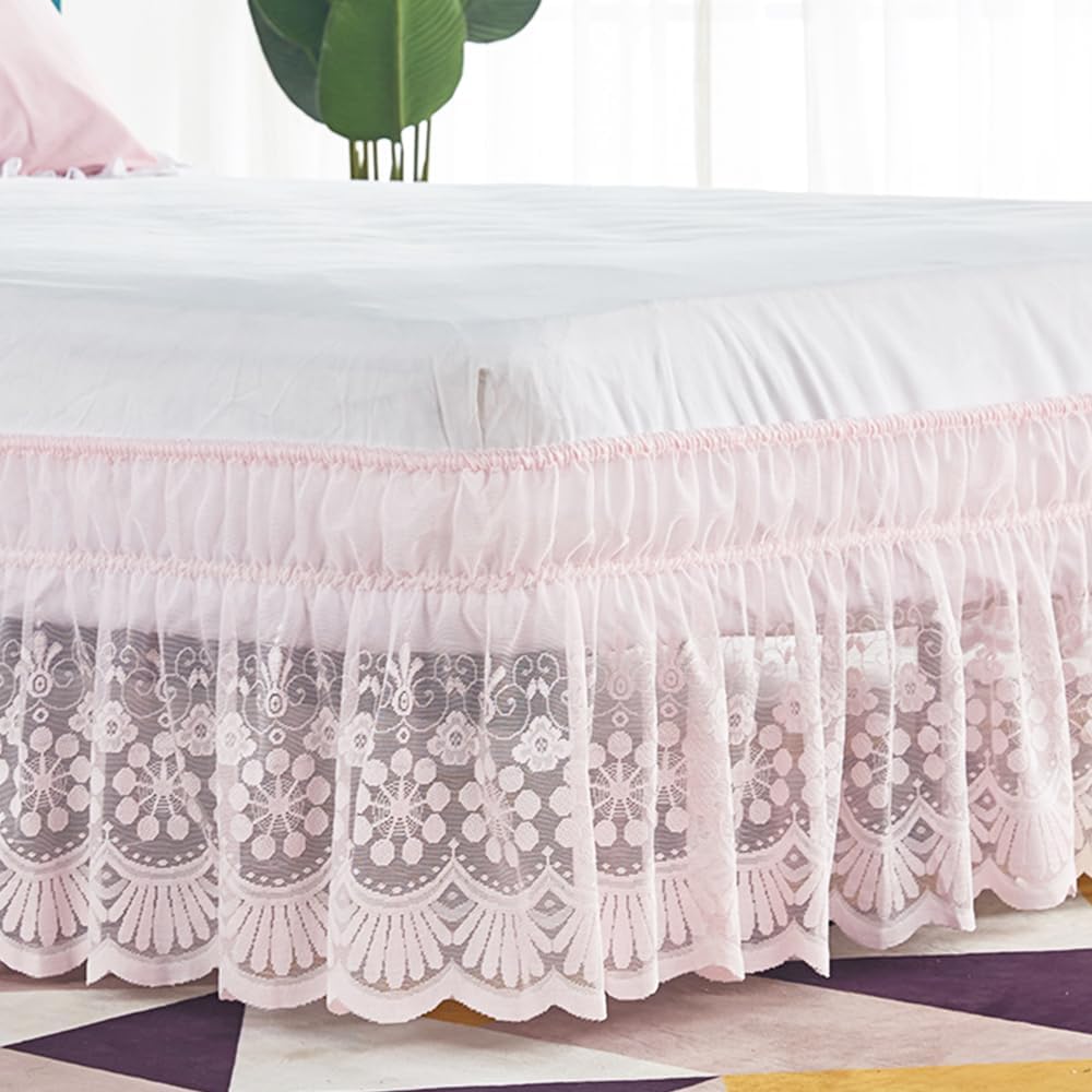 Pink Lace Bed Skirt for Full Bed - 15in. Drop, Easy Fit Ruffle Bedskirt Wrap Around Bed Skirt, Anti Wrinkle & Fade Resistant