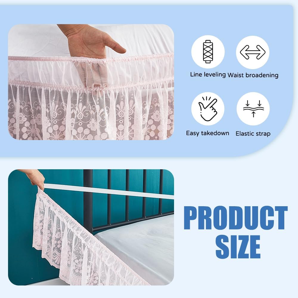 Pink Lace Bed Skirt for Full Bed - 15in. Drop, Easy Fit Ruffle Bedskirt Wrap Around Bed Skirt, Anti Wrinkle & Fade Resistant