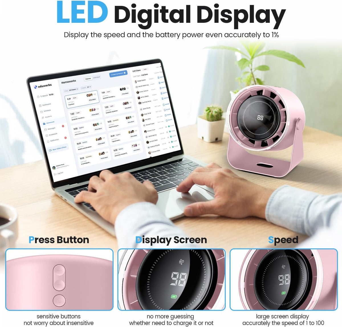 WSKEN Desk Fan with Battery Operated, Quiet Digital Display Portable Fan