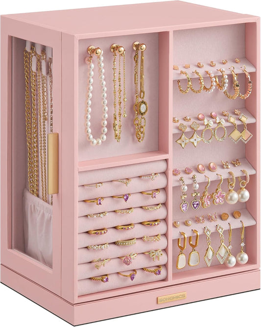 GISELLA Collection - Jewelry Box Organizer 360° Rotating, Vertical Jewelry Storage Case with 5 Drawers, Glass Window, Spacious, Open Design, Great Gift, Pink UJBC170R01