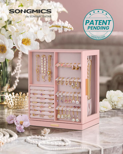 GISELLA Collection - Jewelry Box Organizer 360° Rotating, Vertical Jewelry Storage Case with 5 Drawers, Glass Window, Spacious, Open Design, Great Gift, Pink UJBC170R01