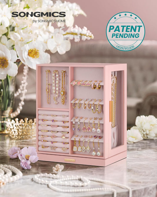GISELLA Collection - Jewelry Box Organizer 360° Rotating, Vertical Jewelry Storage Case with 5 Drawers, Glass Window, Spacious, Open Design, Great Gift, Pink UJBC170R01