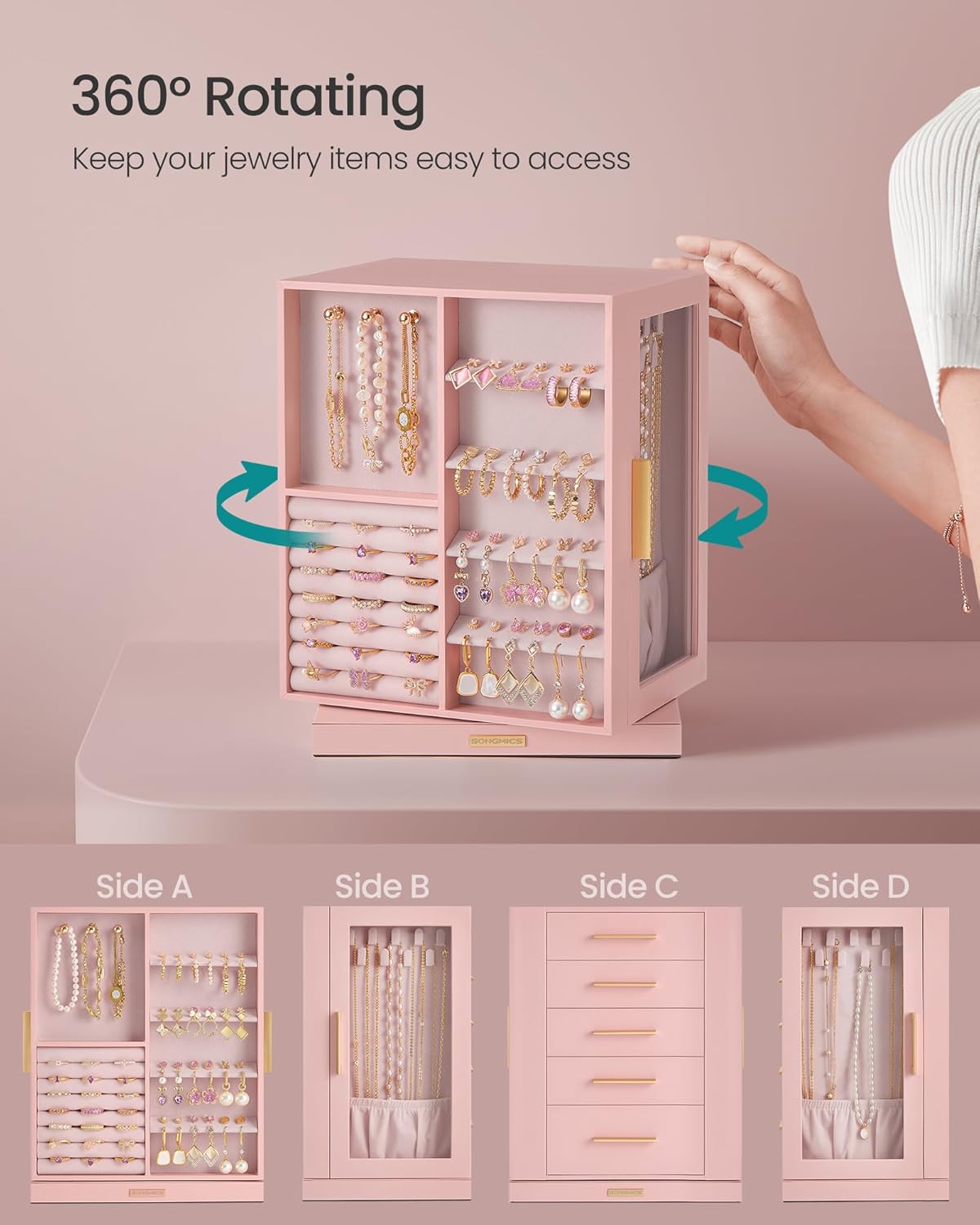 GISELLA Collection - Jewelry Box Organizer 360° Rotating, Vertical Jewelry Storage Case with 5 Drawers, Glass Window, Spacious, Open Design, Great Gift, Pink UJBC170R01