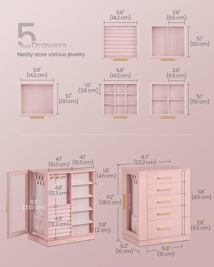 GISELLA Collection - Jewelry Box Organizer 360° Rotating, Vertical Jewelry Storage Case with 5 Drawers, Glass Window, Spacious, Open Design, Great Gift, Pink UJBC170R01