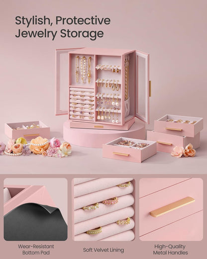 GISELLA Collection - Jewelry Box Organizer 360° Rotating, Vertical Jewelry Storage Case with 5 Drawers, Glass Window, Spacious, Open Design, Great Gift, Pink UJBC170R01
