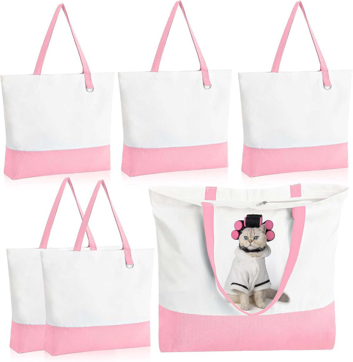 6-Pack Canvas Tote Bag with Zipper, Large Reusable Grocery Tote, Pink
