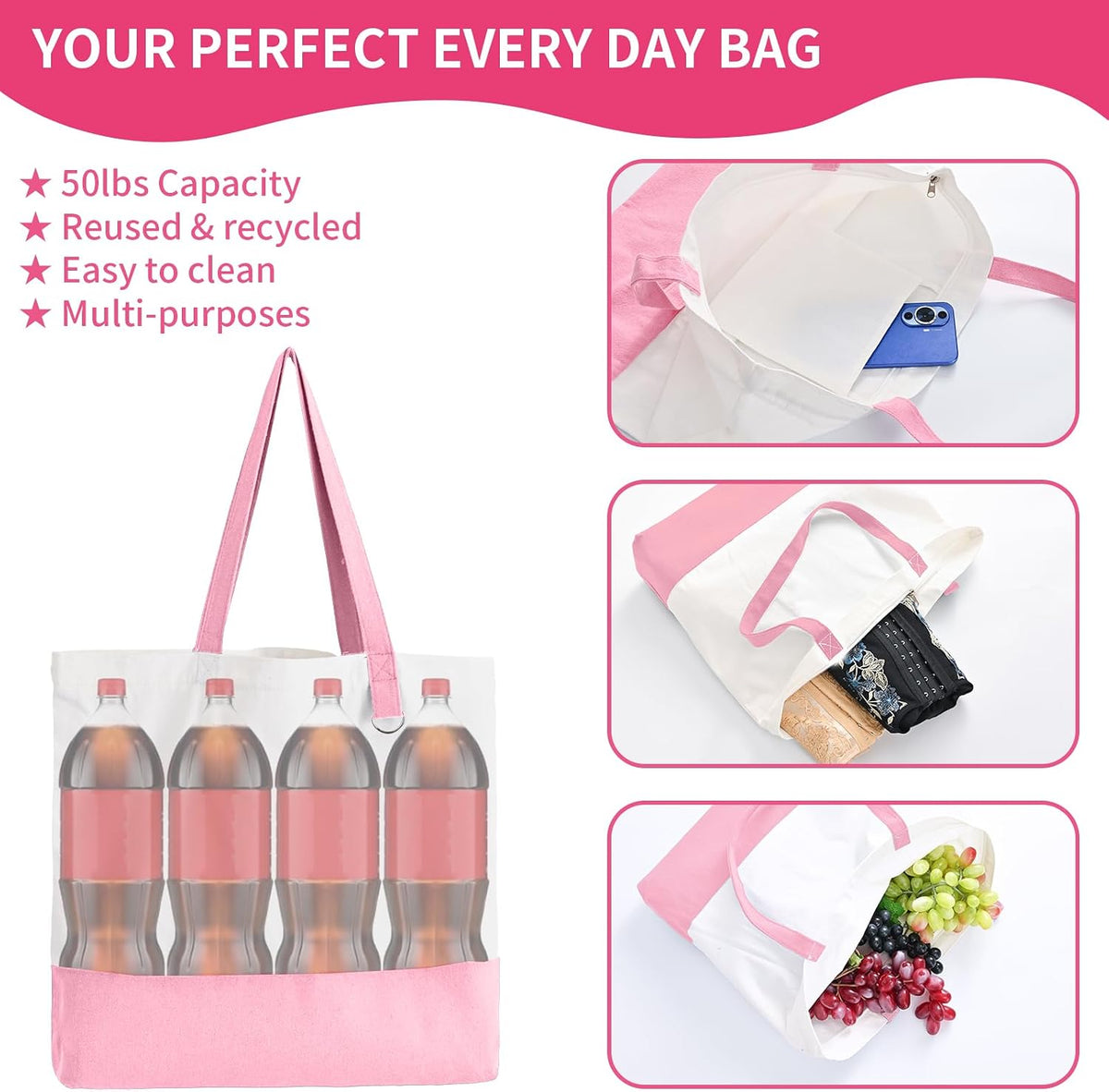 6-Pack Canvas Tote Bag with Zipper, Large Reusable Grocery Tote, Pink