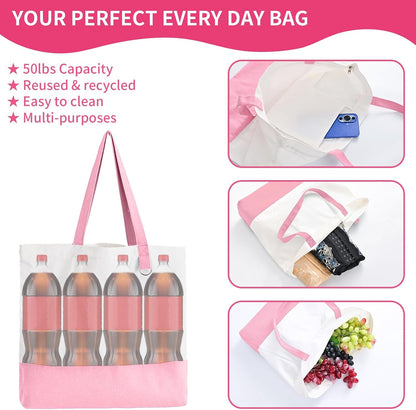 6-Pack Canvas Tote Bag with Zipper, Large Reusable Grocery Tote, Pink