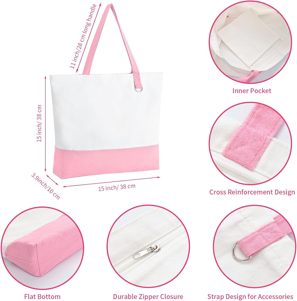 6-Pack Canvas Tote Bag with Zipper, Large Reusable Grocery Tote, Pink