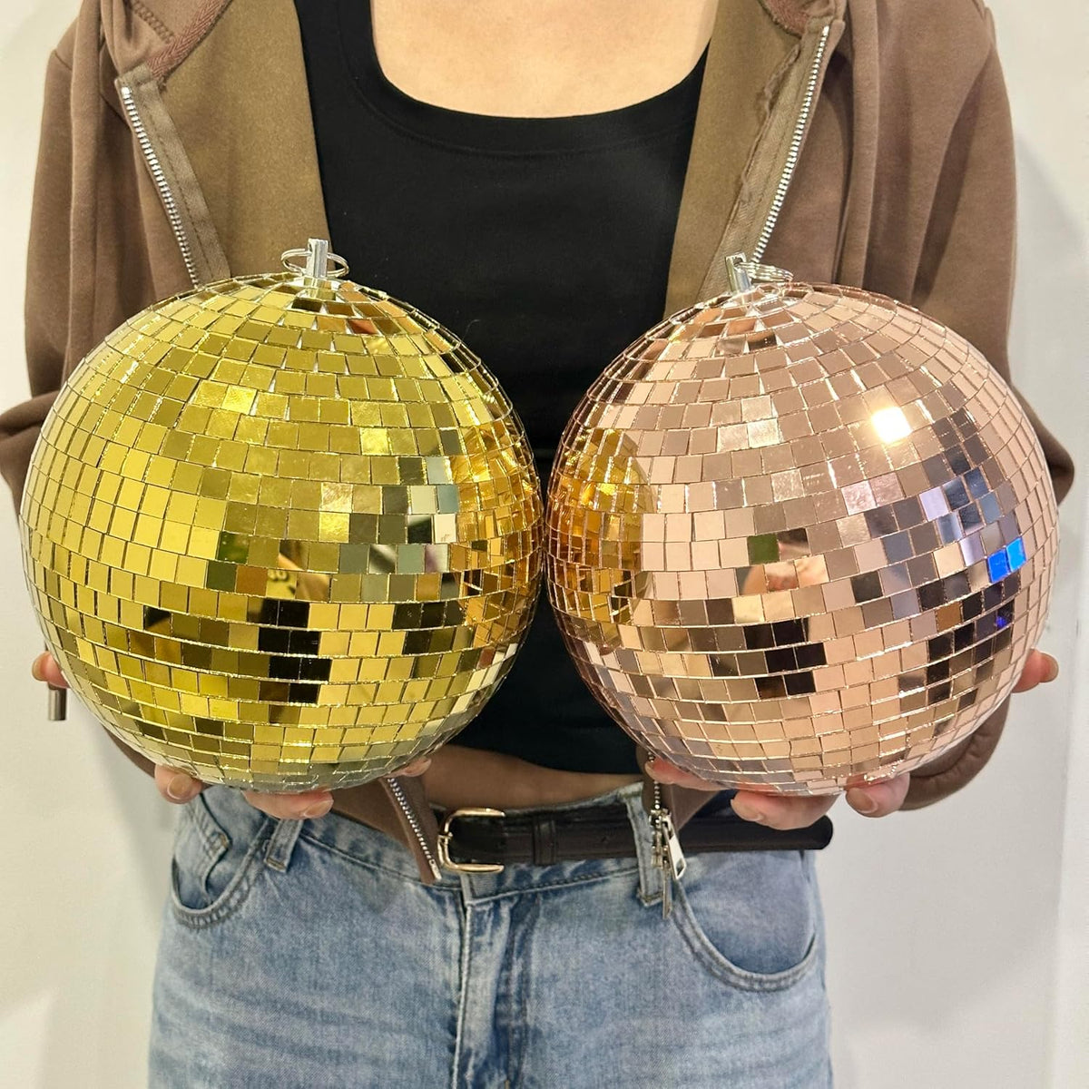 Mirror Disco Ball 8-Inch Reflective Hanging Party Disco Light for Dance Floor, Weddings, Holiday, Home Decor & DJ Events –Rose Gold Real Glass Mirror Ball with Hanging Ring