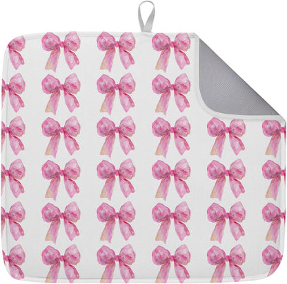 Dish Drying Mat Pink Bow Kitchen Counter Drying Pad for Dishes Glasses Cups and Cookware Watercolor Style Absorbent Dish Drying Mat Machine Washable Kitchen Accessories 18" x 24"